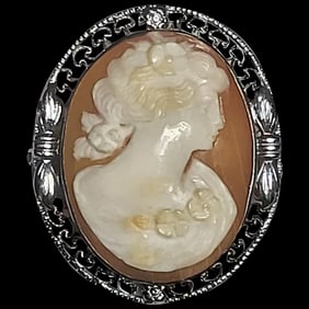 Vintage Hand-Carved Ornate Shell Filigree Cameo Pin/Brooch