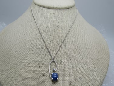 Vintage 14kt Blue Star Sapphire Diamond Necklace, 15", White Gold