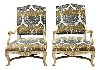 Carved Oak French Bergere Chairs - a Pair