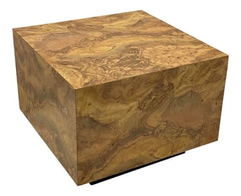 Milo Baughman Style Modern Faux Burlwood Laminate Cube Coffee Table