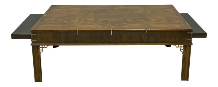 Drexel Heritage Burl Walnut & Brass Chippendale Style Coffee Table