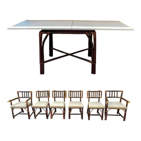 Ficks Reed Ming Style Bamboo and Brass Dining / Game Table Set With Six Chairs and Conversion Table