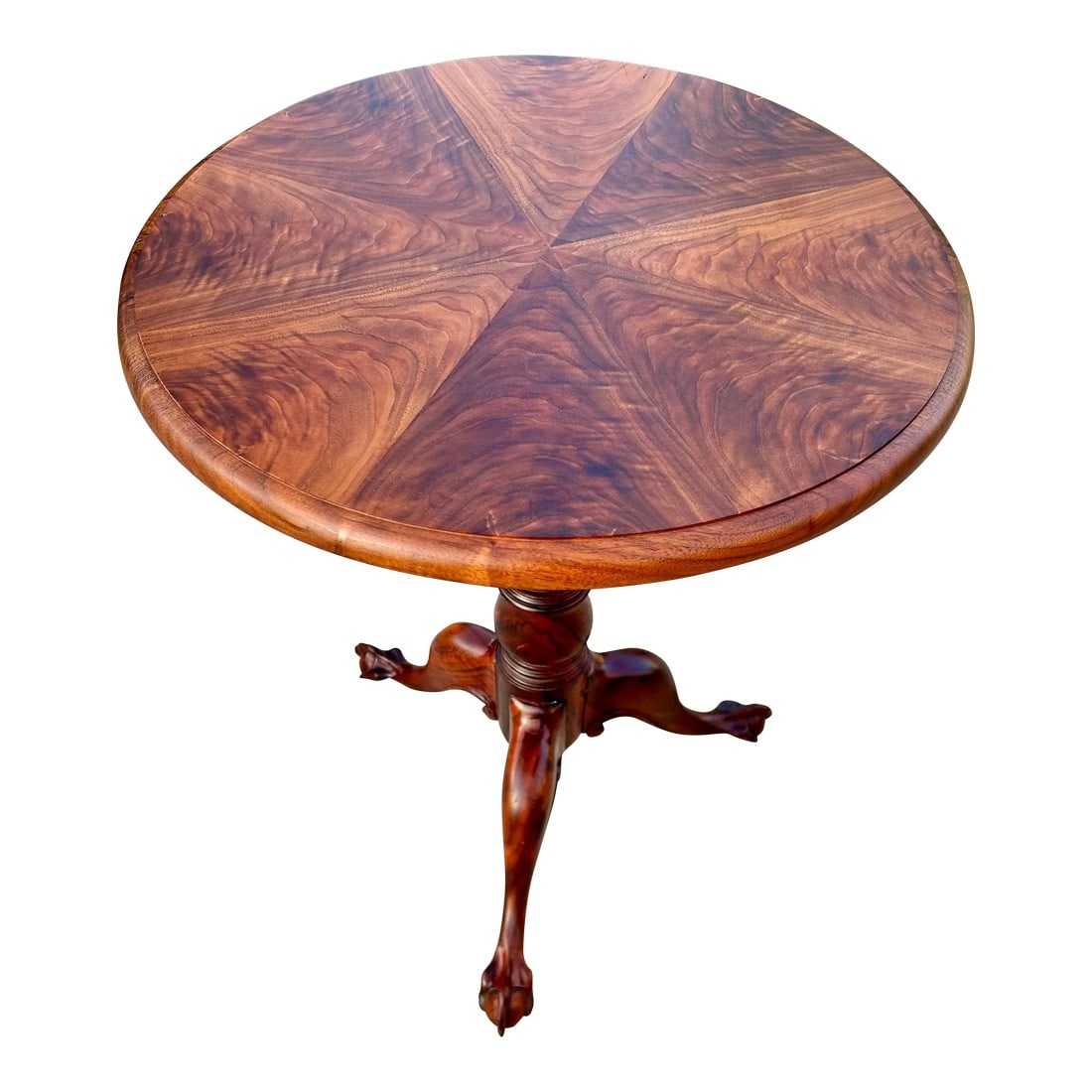 Early 20th Century Pedestal Side or Accent Table With Ball and Claw Feet Attributed to Widdicomb: Early 20th Century pedestal tea table with ball and claw feet and inlaid wood top. Wood grain shoe through beautifully in a pie shape pattern. Stunning detail and craftsmanship in this early 1900s tab