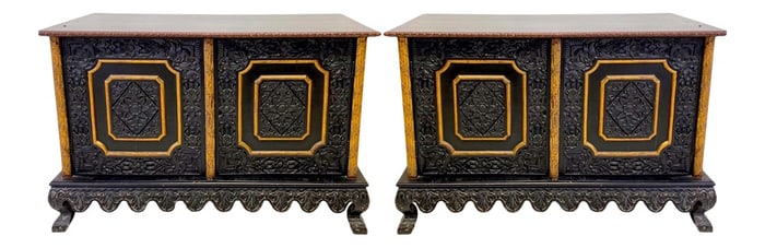 Early 20th-C. Carved Teak Anglo-Indian Cabinets or Side Tables - a Pair
