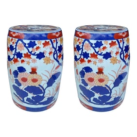 20th-C. Chinese Export Imari Style Blue and Orange Garden Seats / Tables, Pair