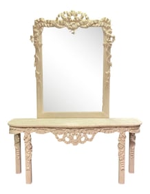 Vintage Large Scale Carved Italian Ribbon Mirror and Console Table
