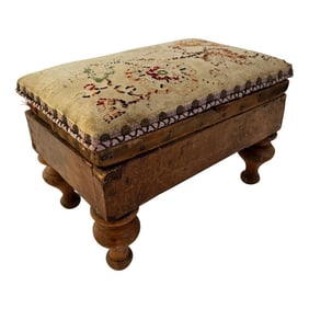 1890s Antique Primitive Needlepoint and Turned Wood Feet Footstool
