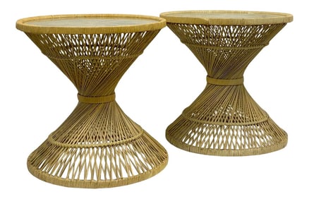 1970s Modern Spun Wicker Side Tables - a Pair