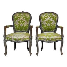 Early French Louis XVI Style Child's Chairs in Chartreuse Damask, Pair