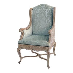 Mid-Century Cerused Wingback Chair With Celadon Cut Velvet