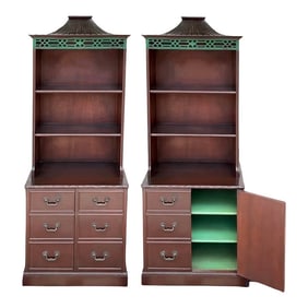 1940s Chinese Chippendale Style Carved Mahogany Pagoda Form Chinoiserie Cabinets - Pair