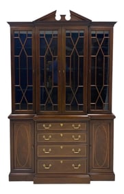Vintage Hickory White Inlaid Mahogany Federal Style Library or China Cabinet