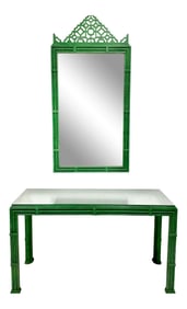 Chippendale Inspired Green Fretwork Mirror and Console Table - a Pair
