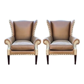 Barclay Butera for Baker Furniture Co. Leather & Suede Wingback Chairs -Pair