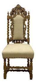19th- C. English Bleached Carved Oak Side Chair in Linen