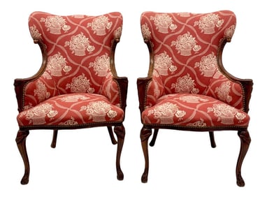 Antique French Carved Mahogany Wing Chairs in Schumacher Fabric, Pair