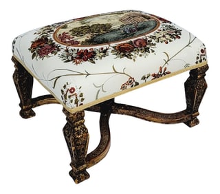 Antique Carved French Giltwood Ottoman in Toile