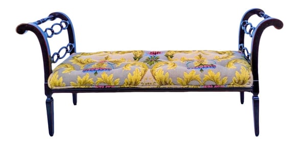 20th-C. Large Scale Painted Black Lacquer Regency Style Bench
