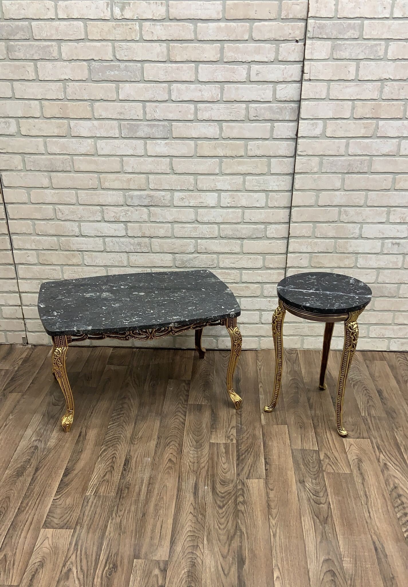 Vintage French Baroque Style Ornate Gilt-Bronze with Marble Top Coffee Table and Round Side-Table -: Vintage French Baroque Style Ornate Gilt-Bronze Base Marble Top Coffee Table with Round Marble Top Side-Table - Set of 2 This Vintage French Baroque Style Ornate Gilt-Bronze Base Rectangular Marble To