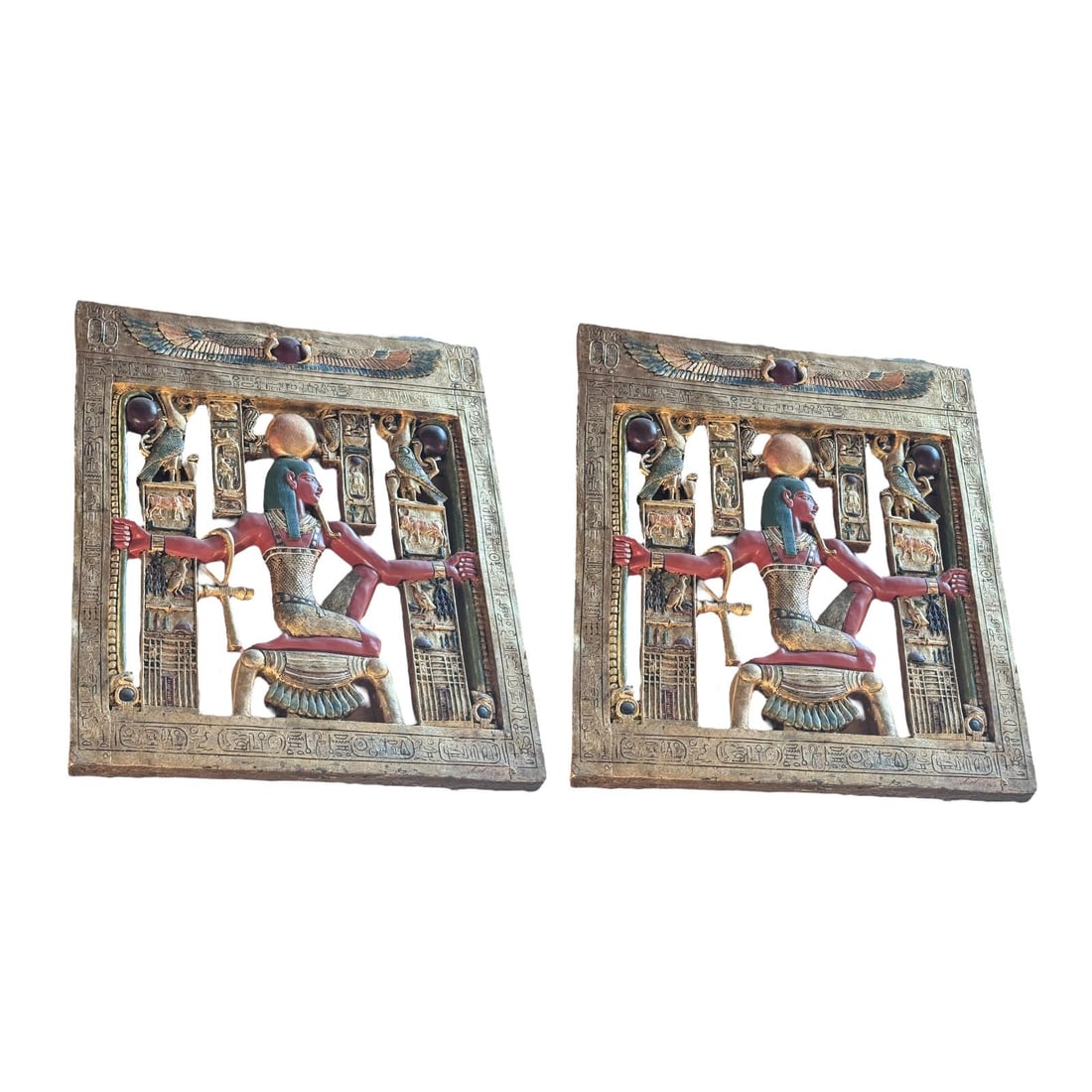 Vintage Egyptian Hieroglyph Wall Plaque - Pair: Vintage Egyptian Hieroglyph Wall Plaque - Pair Egyptian hieroglyphs recreate the images of ancient Egypt. Based upon King Tut's Antechamber, the wall plaque frieze is a representation of Heh, god of E