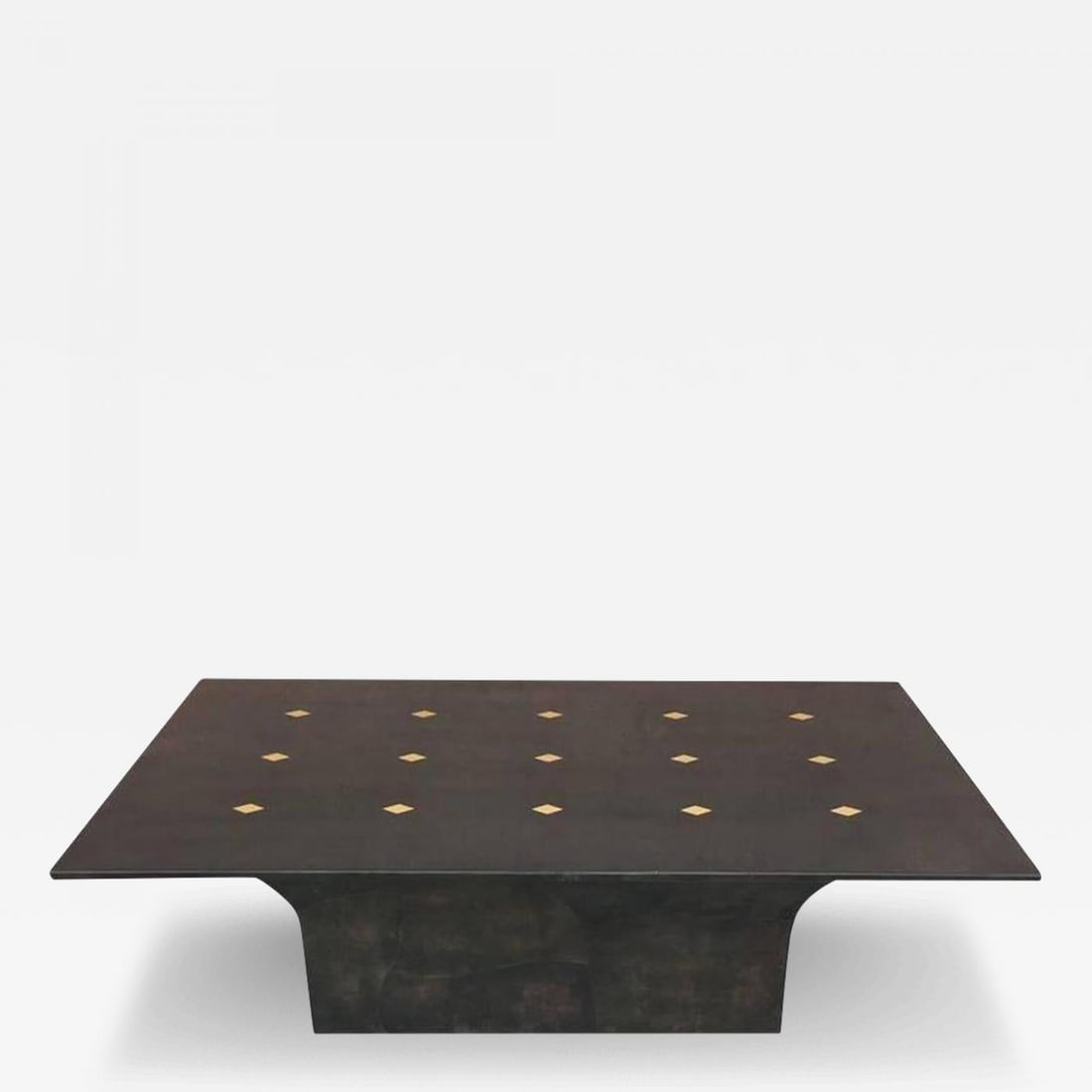 Jimeco Parchment Dining Conference Table Goat Skin Brass Inlaid Enrique Garcel: Description: Mid-Century Modern Enrique Garcel designed dining table for Jimeco Itda This fine one of a kind parchment / goat skin and brass diamond inlaid dining table bears the label for JIMECO Colu