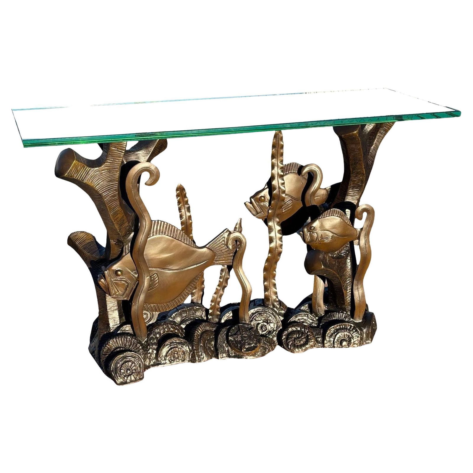 Restored Aquatic Bronze Console Table by Phyllis Morris: About the Item This professionally restored cast bronze piece, with its enchanting aquatic theme and intricate details, was originally purchased from the iconic Phyllis Morris showroom in Los Angeles.