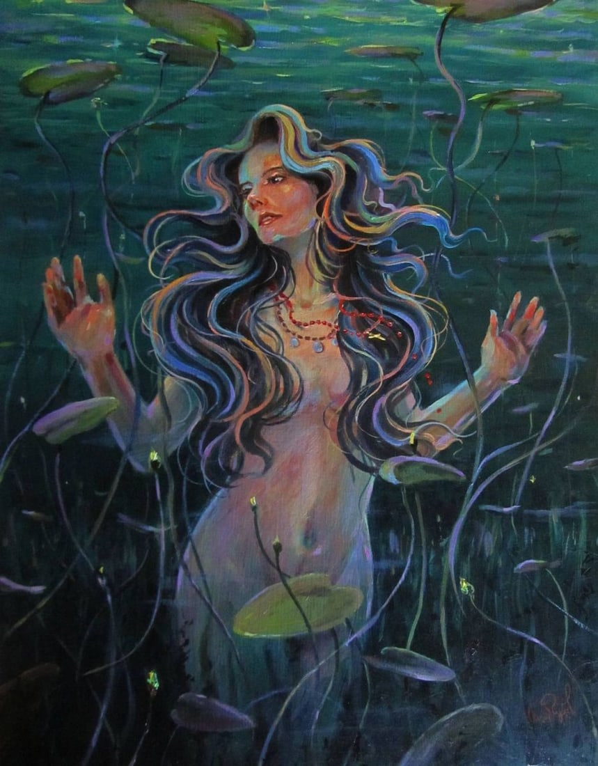 Oil painting Mermaid in the water Alexander Guzev: 14GUZ Painter: Alexander Guzev Size: 59x45 cm/23.22x17.71 inches Components: oil, hardboard Original painting CONDITION: excellent ARTIST: Reserve: $340.00 Shipping: Domestic: Flat-rate of $35.00 f