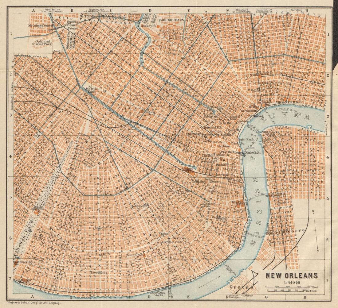 NEW ORLEANS city plan. French Quarter Mid City Treme-Lafitte Louisiana 1904 map: New Orleans' by Baedeker, Karl / Wagner & Debes. Published 1904. Antique colour map. Scale 1:44.800. Size 19 x 20 cm | 7.5 x 8.0 inches. Condition: Good; suitable for framing. Tight right margin; The 