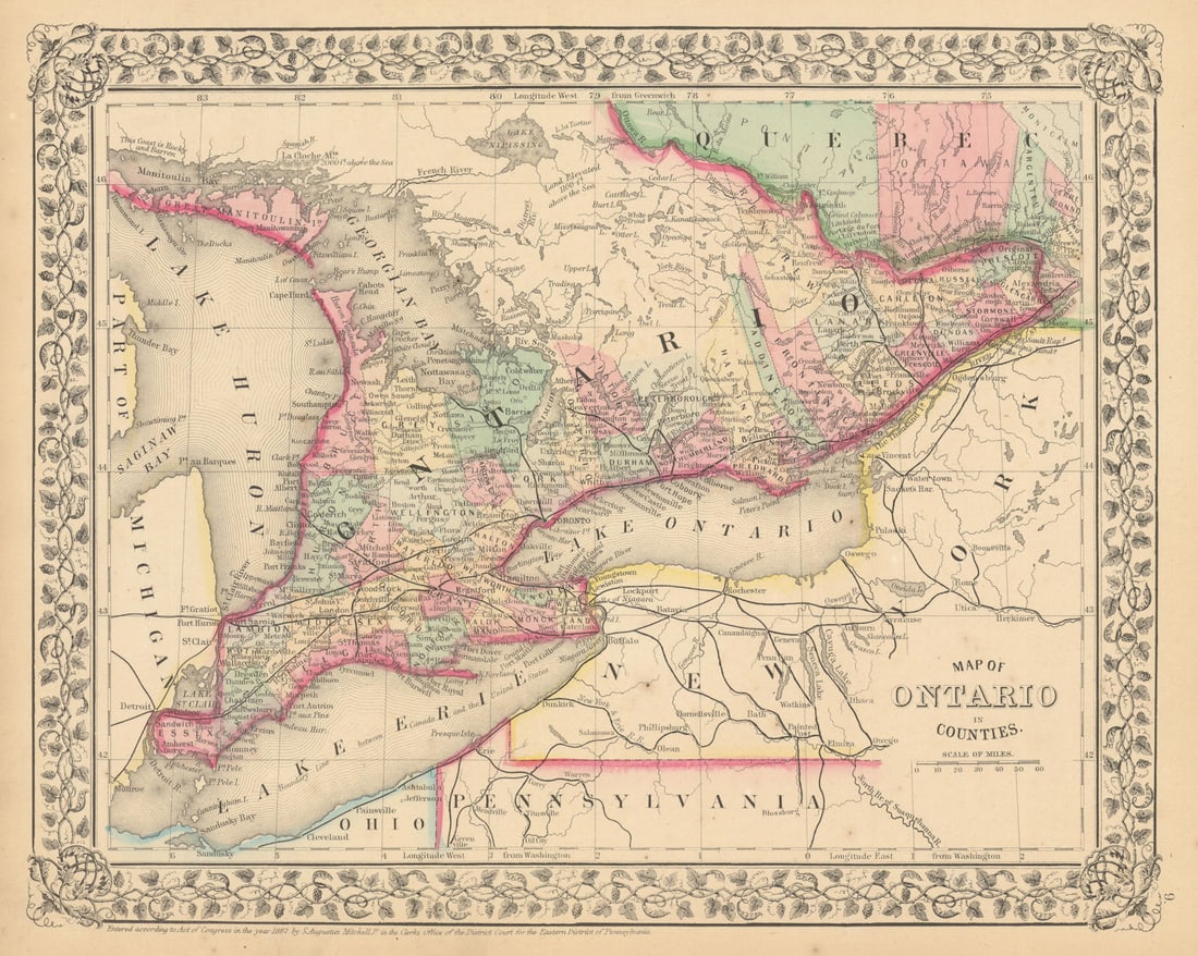 Ontario in Counties by Samuel Augustus Mitchell. Great Lakes. Canada 1869 map (1 of 1)