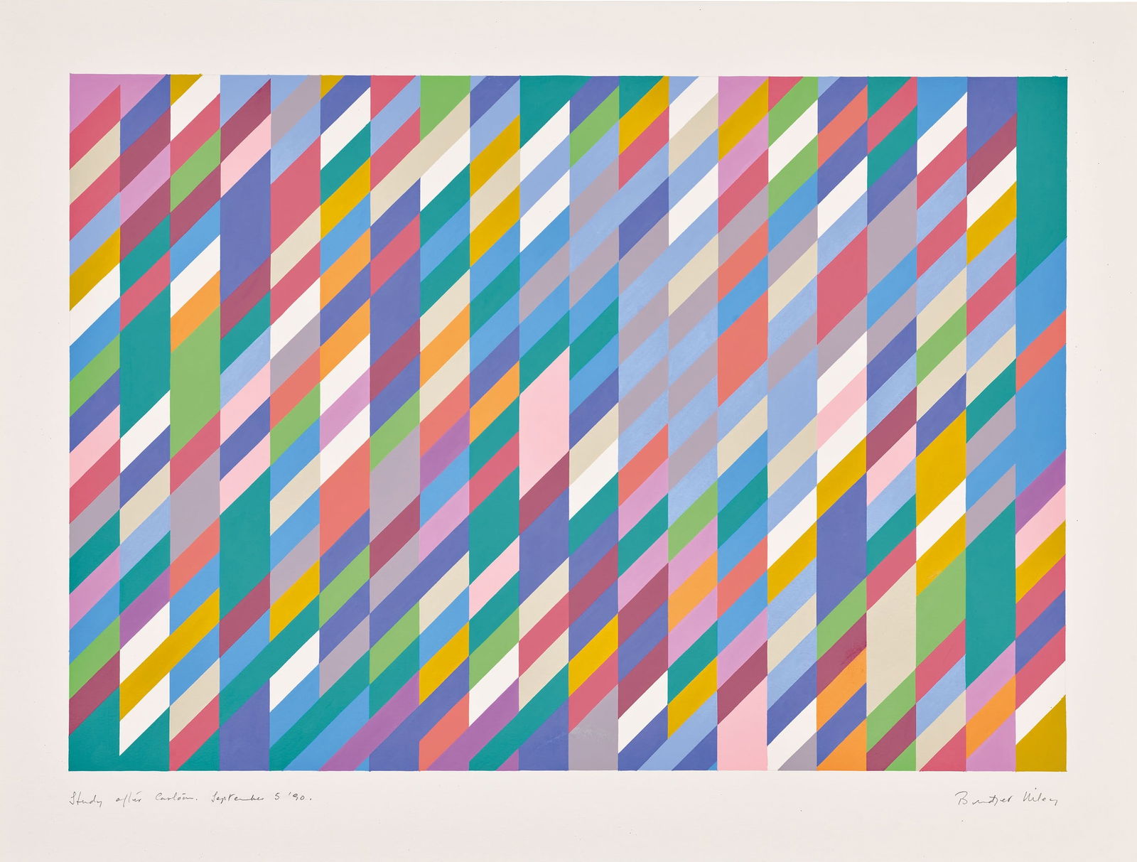 Bridget Riley Study After Cartoon Print in Color: Bridget Riley Study After Cartoon Print in Color measuring at 26x34.5 inches Reserve: $70.00 Shipping: Domestic: Flat-rate of $40.00 to anywhere within the contiguous U.S. International: Foreign shipp
