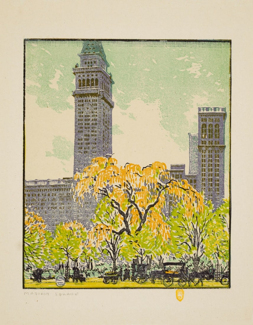 Gustave Baumann Madison Square Print: Gustave Baumann Madison Square Print on board measuring at 13.5x17.5 inches Reserve: $60.00 Shipping: Domestic: Flat-rate of $40.00 to anywhere within the contiguous U.S. International: Foreign shippi