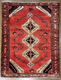 VINTAGE Persian Sirjan Afshar Rug 4'7" x 6'6" Hand-Knotted Red Geometric Wool