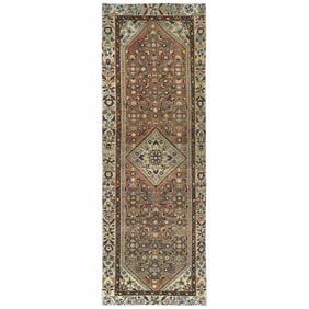 Almond Brown Vintage Persian Hamadan Hand Knotted Pure Wool Runner Rug