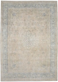 Antique Muted Beige Floral 10X13 Distressed Vintage Oriental Rug