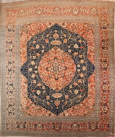 Pre-1900 Antique Geometric Vegetable Dye Authentic Tabriz Haji Jalili Persian Orange/Navy Blue 13x16