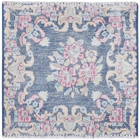 Navy Blue, Worn Wool Hand Knotted, Vintage Persian Kerman Square Rug