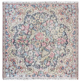 Colorful, Worn Wool Hand Knotted, Vintage Persian Kerman Square Rug