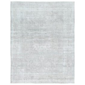 Blueish Gray, Worn Wool, Hand Knotted Vintage Persian Tabriz Rug