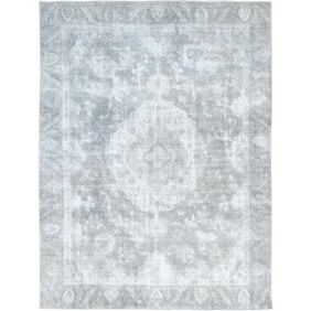 Blueish Gray, Worn Wool, Hand Knotted Vintage Persian Tabriz Rug