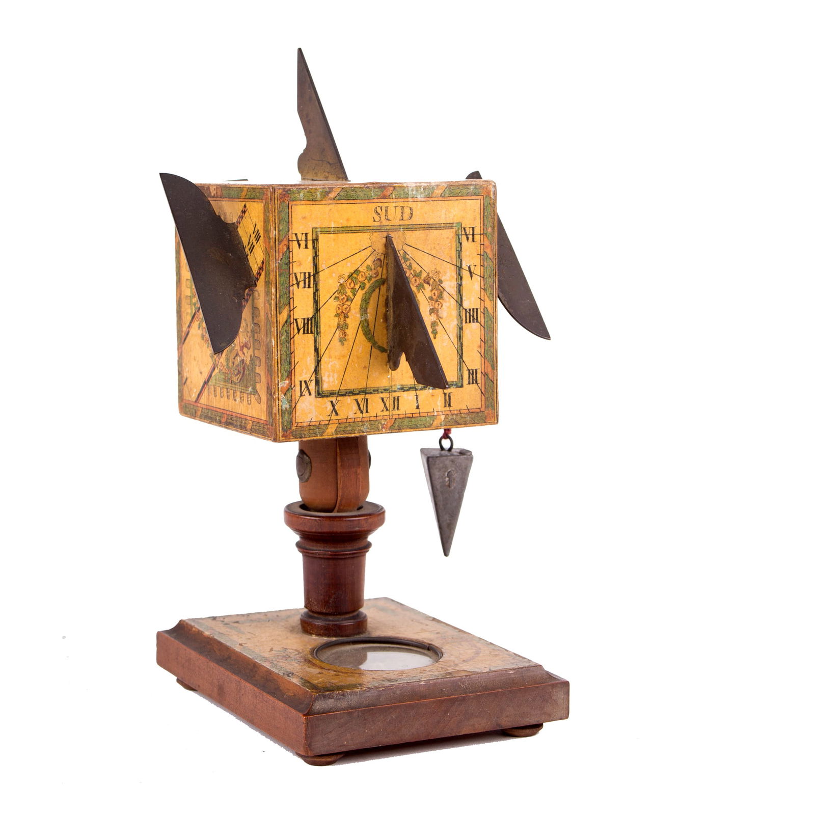 BERINGER CUBIC SUNDIAL polyhedral 18TH .: David Beringer (1756-1821) is best known for portable wooden sundials with scales printed on paper glued to the wood. These included cube dials and diptych dials .Some of Beringer's sundials were in c