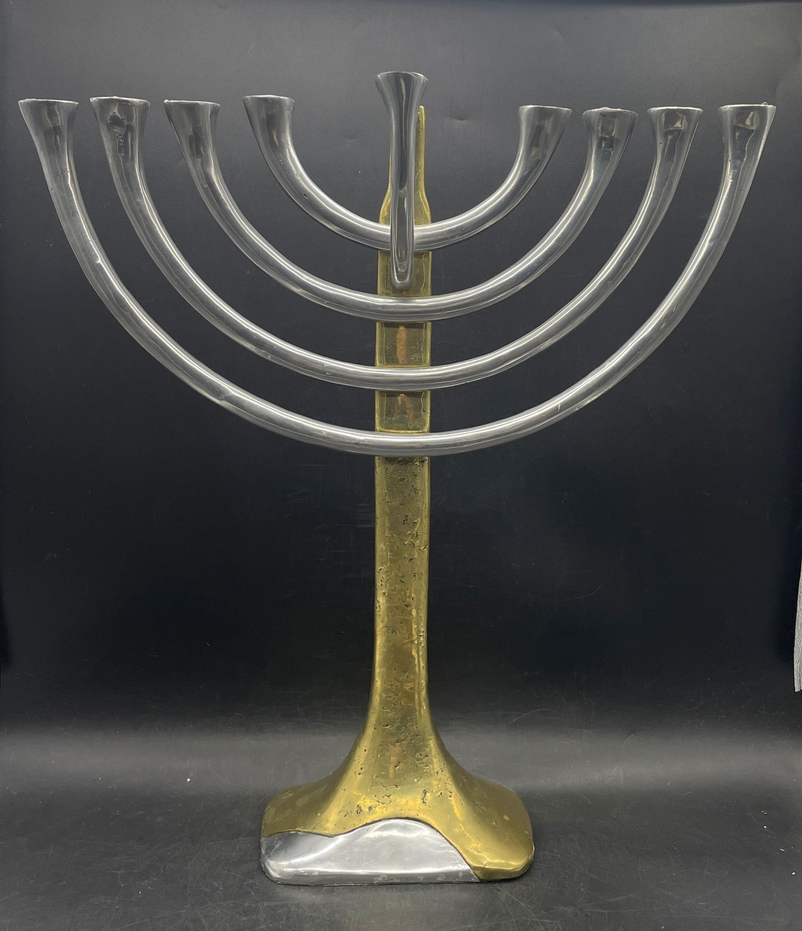 Vintage David Marshall MCM Brutalist Modern Brass Aluminum Menorah Disenos Spain: Title: Vintage David Marshall MCM Brutalist Modern Brass Aluminum Menorah Disenos Spain Date/Period: Dimension: approx 18 x 18 x 6 Material: mixed materials Additional Information: David Marshall Dise