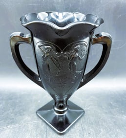 Vintage L.E. Smith Black Amethyst Glass Trophy Vase Urn Embossed Heart & Nymphs