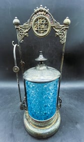 Antique Victorian Pickle Castor Blue Diamond Cut Glass Silver Plate