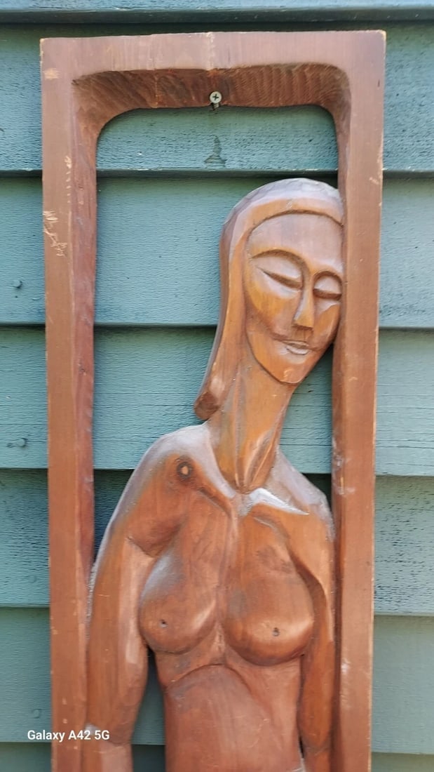 Nude Woman Wood Carved 1950 carving modern art 56 inches tall: Amazing beautiful piece in excellent condition. Dates to 1950's. Solid piece of pine wood. Measures 56 x 10 x 1" long" . Shipping includes insurance. Shipping: Domestic: Flat-rate of $60.00 to anywher