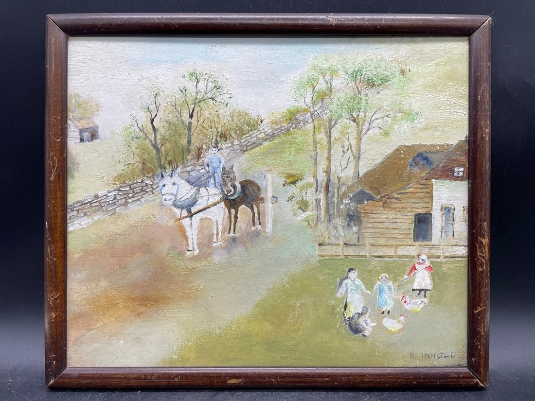 PA FOLK ART Winter Landscape Farm Scene PAINTING C. REINHOLD Oil Painting Framed (1 of 8)