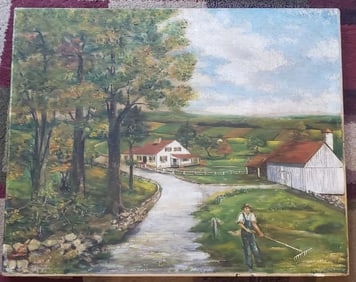 G C Shepard oil painting man working on farm 1920