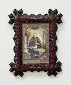 Tramp Art Frame w Soldier Photo Curved Sides