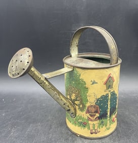 ANTIQUE TIN LITHO CHILDS WATERING CAN WITH SPOUT - GREAT STORY GRAPHICS