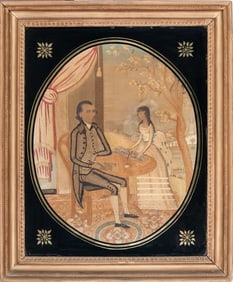 Music Student and School Master - Silk Embroidered Needlework Sampler c.1820 American