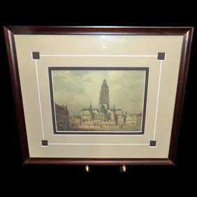 Antique Color Lithograph of Saint Walburga Church- Oudenaarde Belgium
